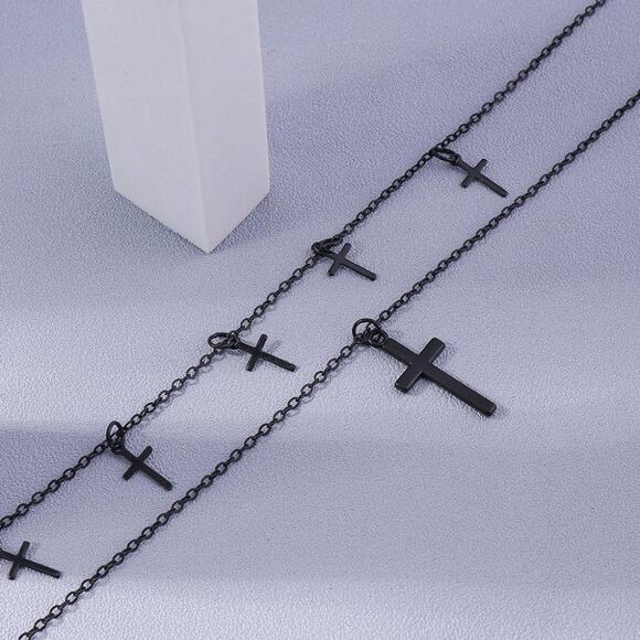 Cross Black Layered Tiered Necklace Pendant Choker Boho Goth Chic Minimalist - Picture 6 of 8
